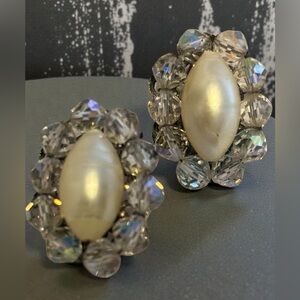 Vintage Pearl and Crystal Cluster Clip-On Earrings